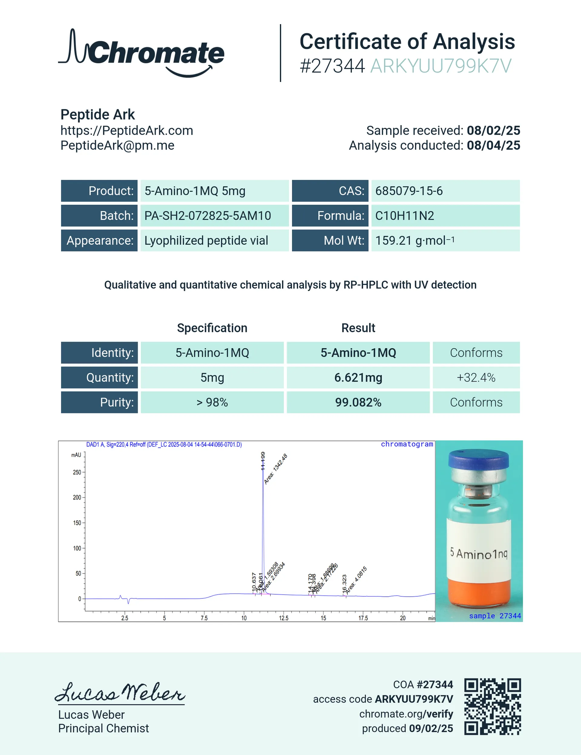 5-Amino-1MQ 10 mg - Certificate of Analysis