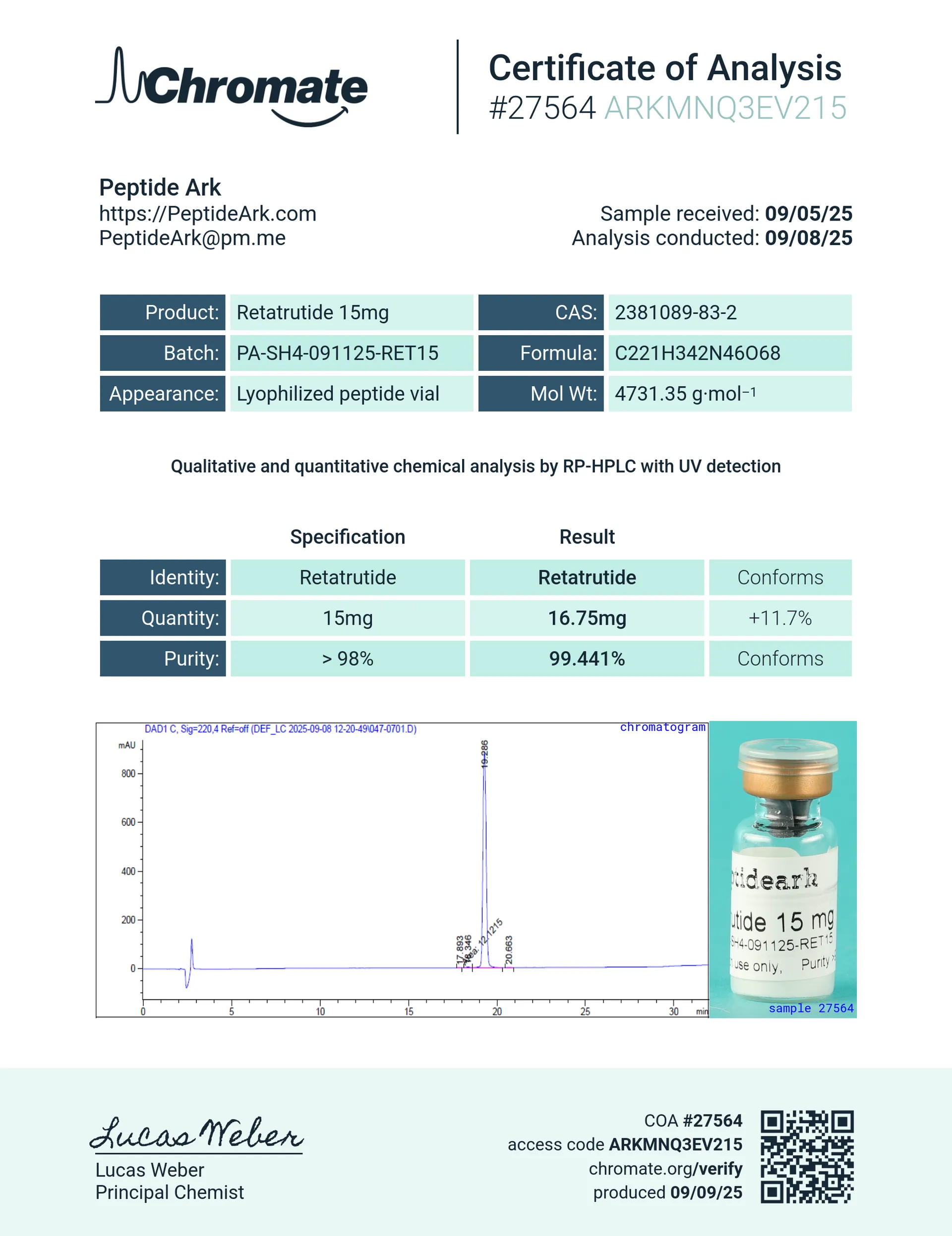 GLP-3R 15 mg - Certificate of Analysis