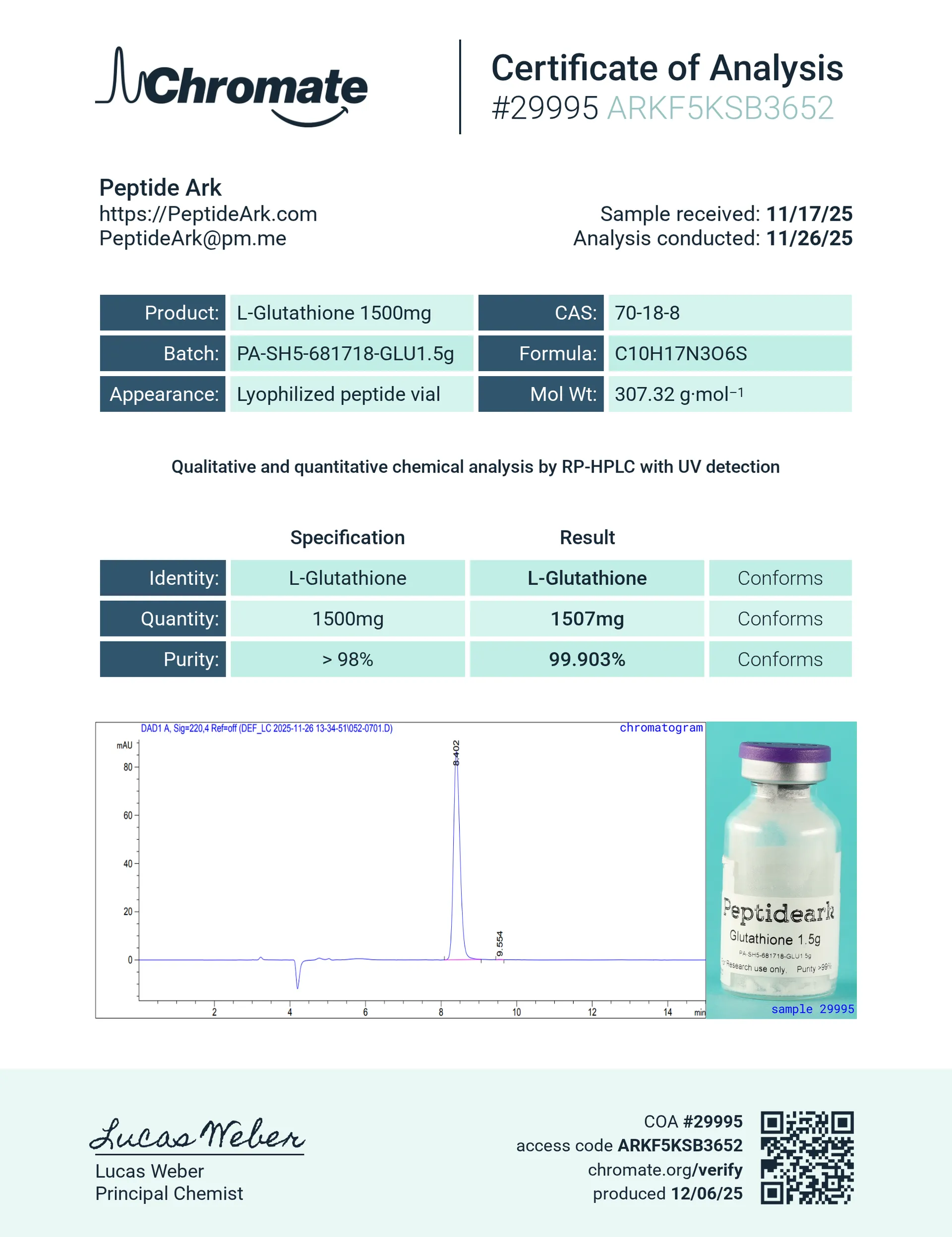 L-Glutathione – 1500 mg (Lyophilized Powder) - Certificate of Analysis