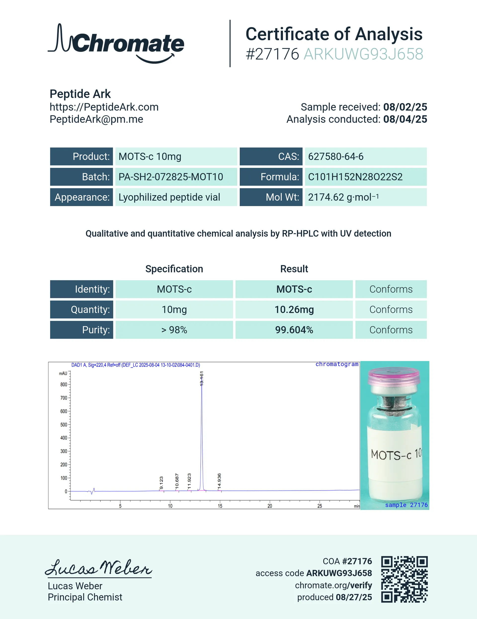 MOTS-c 10 mg - Certificate of Analysis