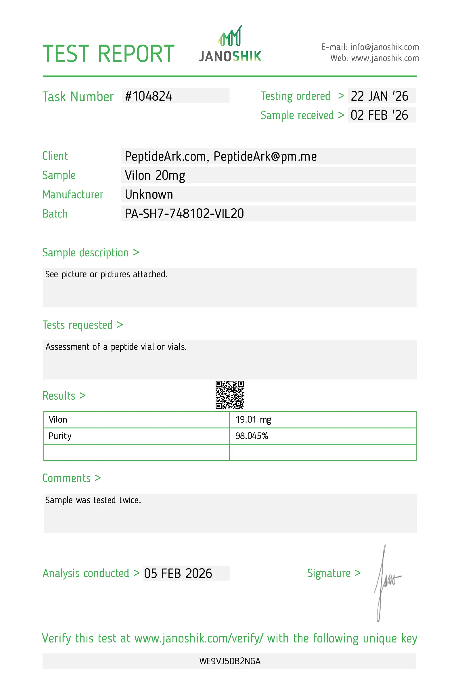 Vilon 20mg - Certificate of Analysis